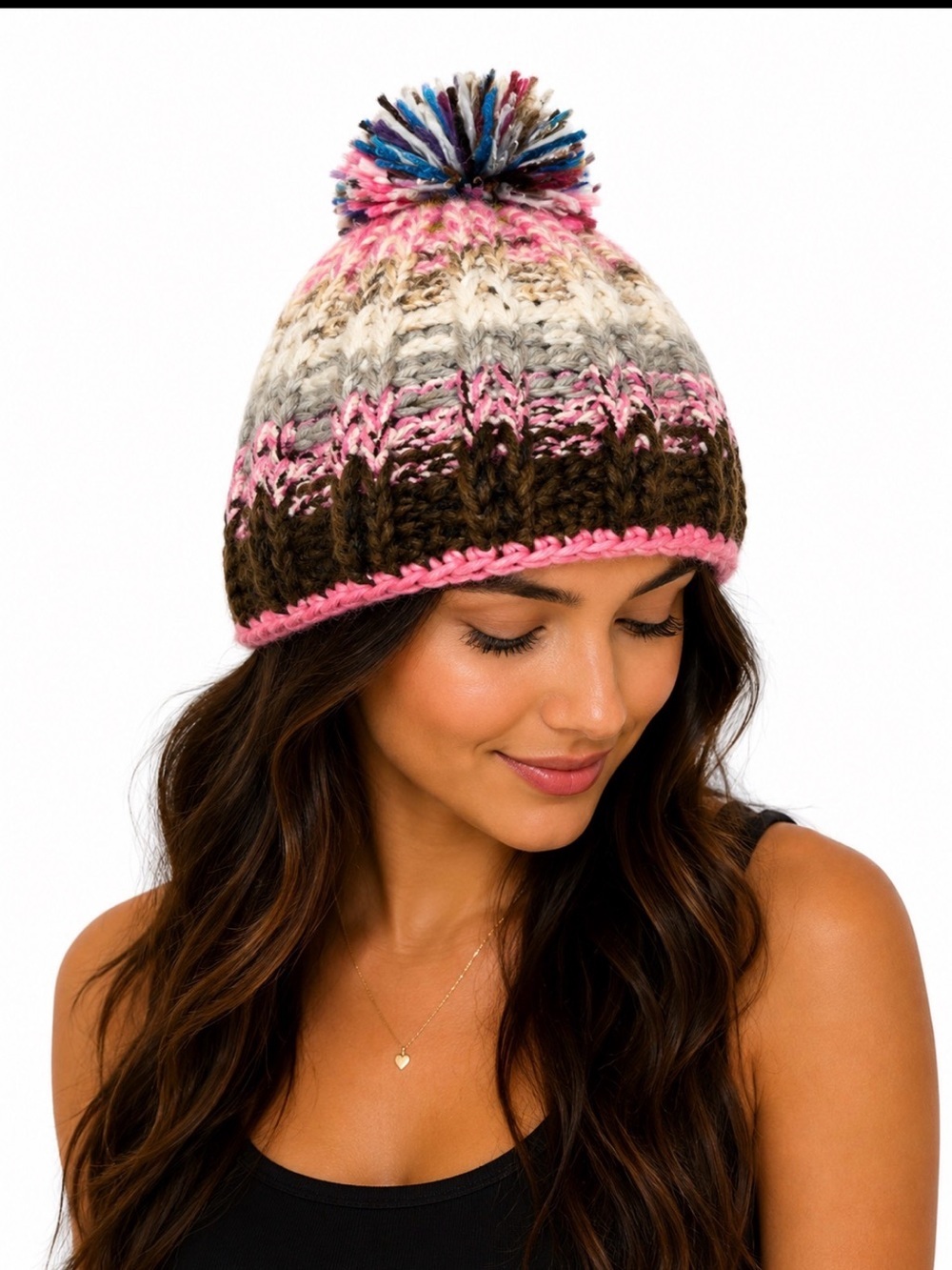 Multicolor Chunky Knit Pom Beanie Pink Trim cozy winter pattern crochet textured